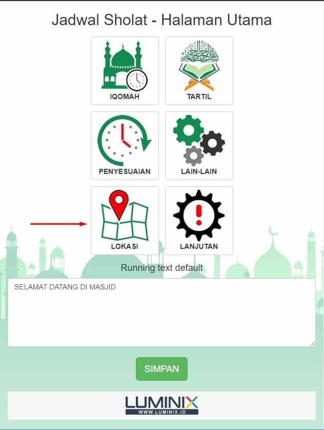 Menu utama aplikasi JWS dengan tombol Lokasi