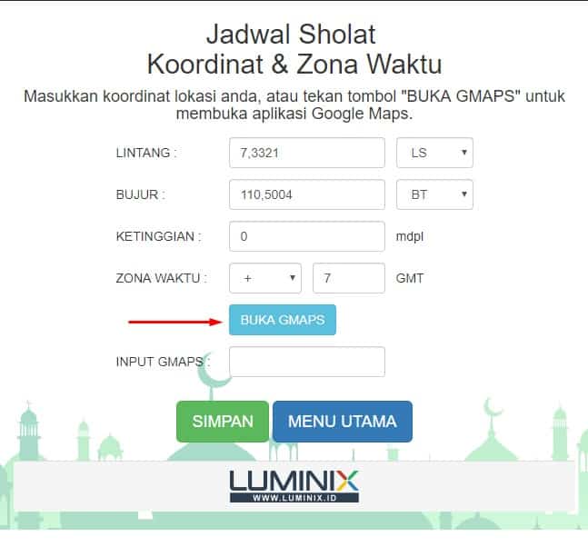 Halaman koordinat dan zona waktu dengan tombol BUKA GMAPS